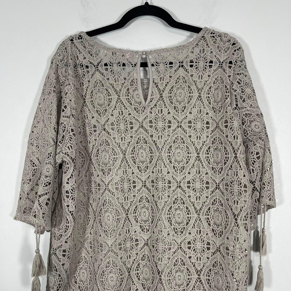 EST 1946 Crochet Lace Blouse Wms Large Gray Tassels Romatic Whimsigoth Boho Top - Picture 5 of 7